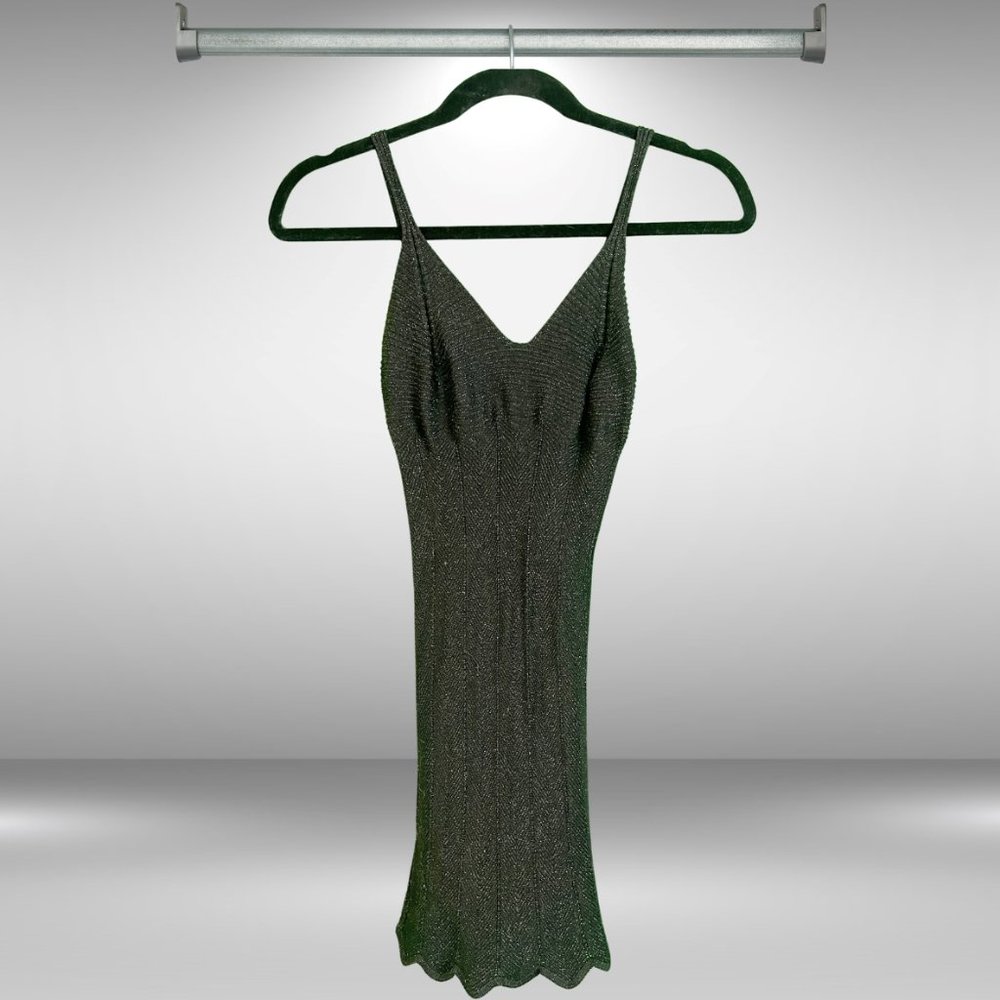 XX1 Tight, Long Black and Silver V-Neck with Spaghetti Straps and Scalloped Hem